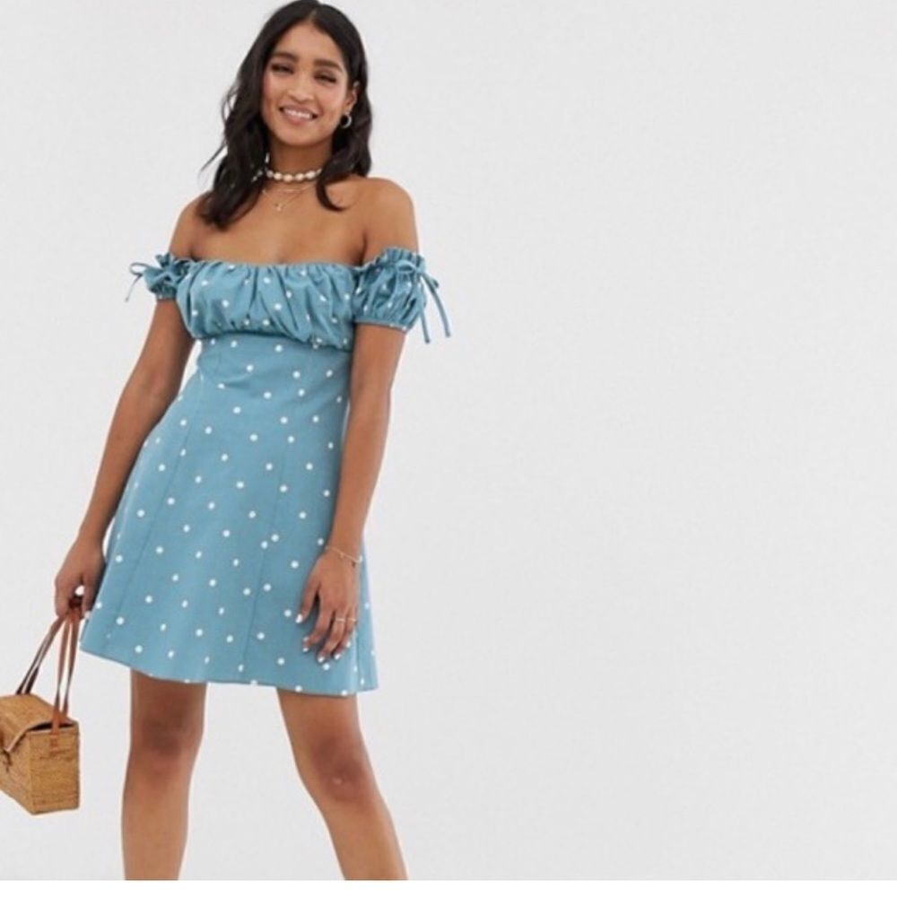 ASOS Off The Shoulder Puff Sleeve Polka Dot Dress